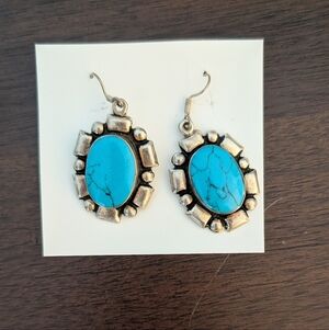 Silver And Turquoise Drop Earrings, Made In Mexico